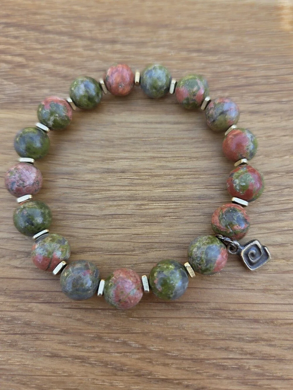 Green & Pink Unakite Beads Stretch Bracelet - Handcrafted